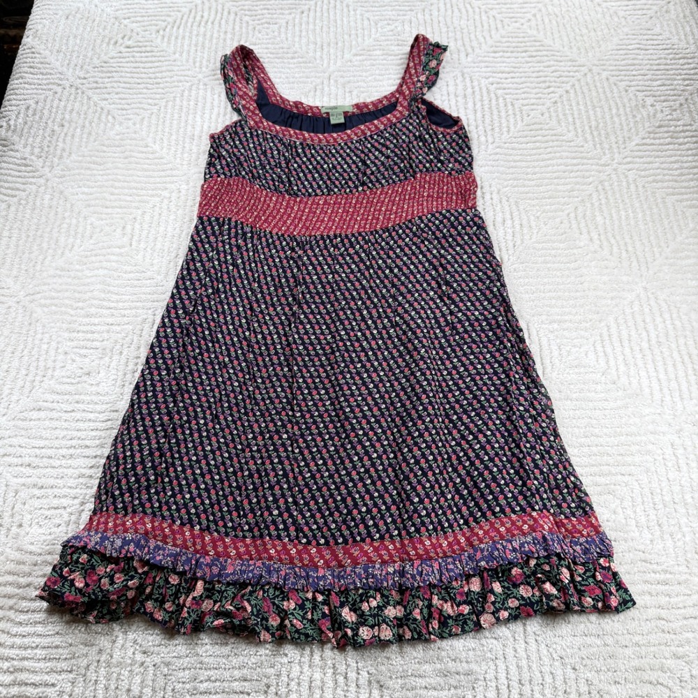 Maple Anthropologie Floral Mini Dress Women's Small Navy Red Boho Ruffle Smocked